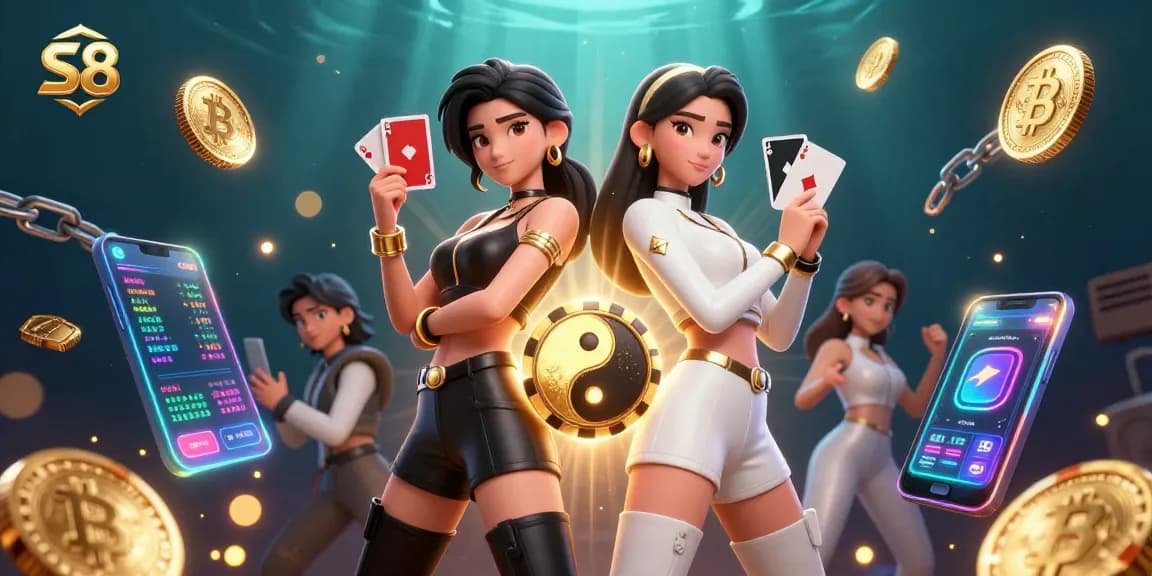 S8 offers thrilling gaming opportunities with two Asian women engaged in card play surrounded by crypto elements.