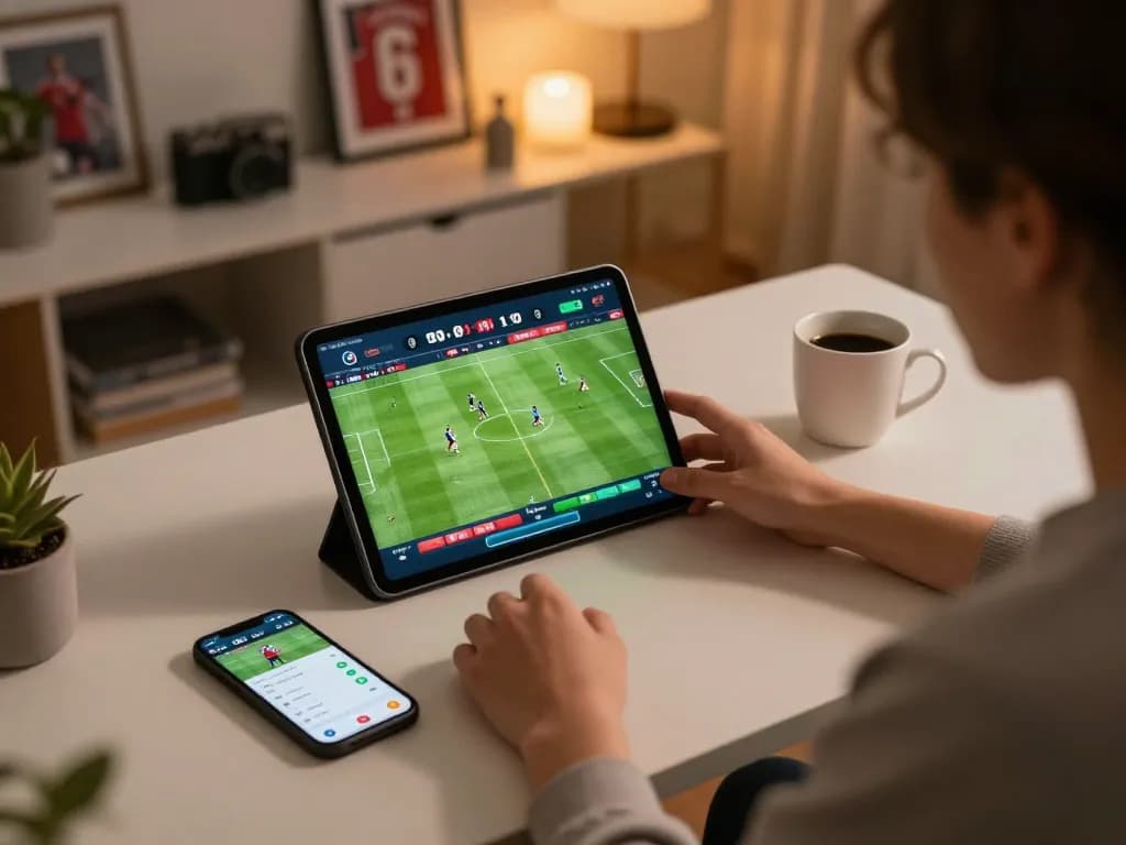 Engaged gambler analyzing keo nha cai hom nay on tablet at home betting setup with stylish atmosphere.
