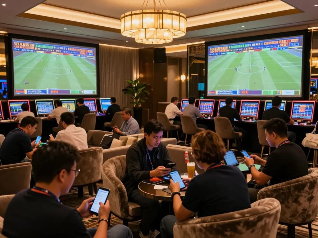 Engaging moment in a sports betting lounge focusing on tỷ lệ kèo nhà cái amidst excited fans.
