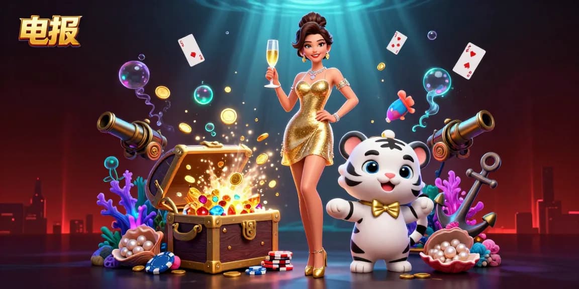 体验与电报的激动人心的游戏玩法，展示了一位迷人的女性和一只幸运的白虎，置身于奢华的赌场环境中。