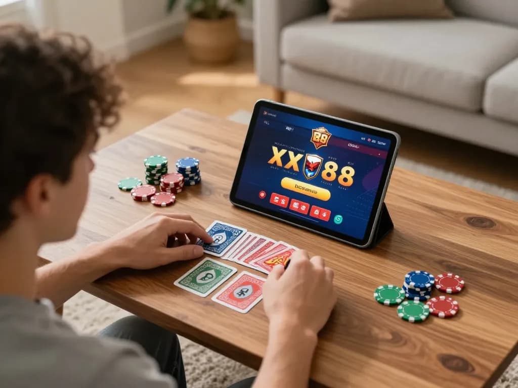 Engaged player using the xx 88 mobile app for an exciting online gambling experience at home.