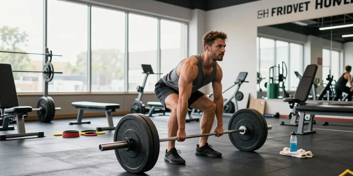 Escena de fitness de Esteroidesshop con un atleta dedicado levantando pesas en un gimnasio moderno.