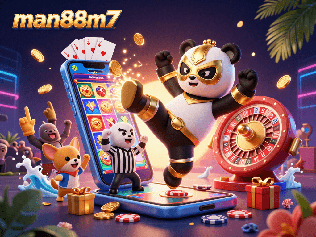 Experience thrilling moments at man88m7 as a panda wrestler kicks with excitement amid a vibrant casino scene.