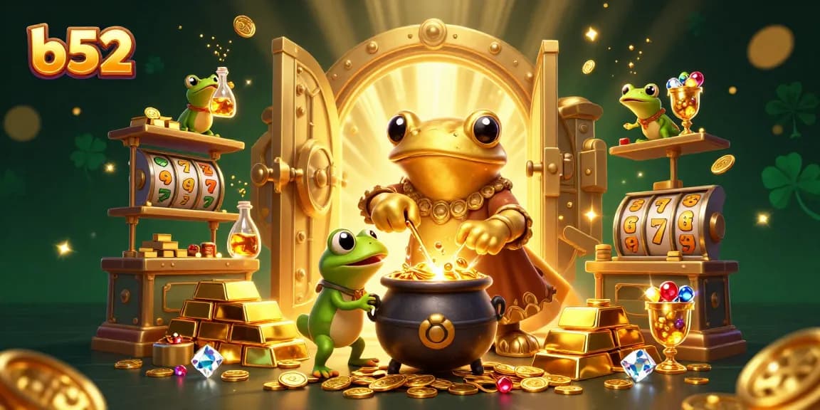 B52 players engage in exciting slot games with golden treasures and magical creatures in a vibrant casino scene.
