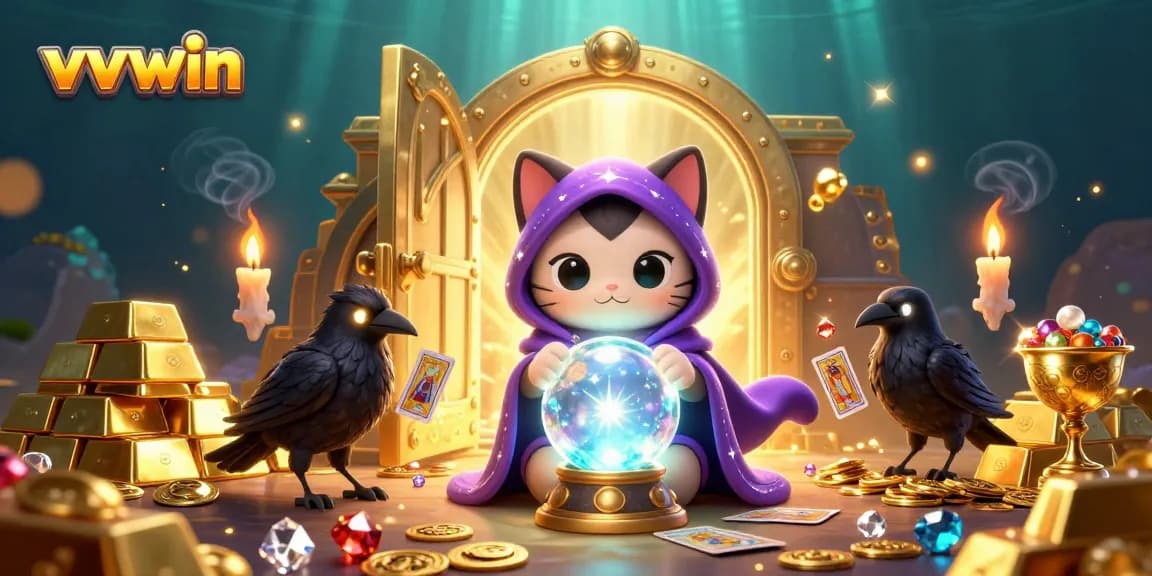 Join the fun at vvvwin with a mystical cat and raven illuminating a treasure-filled casino scene.
