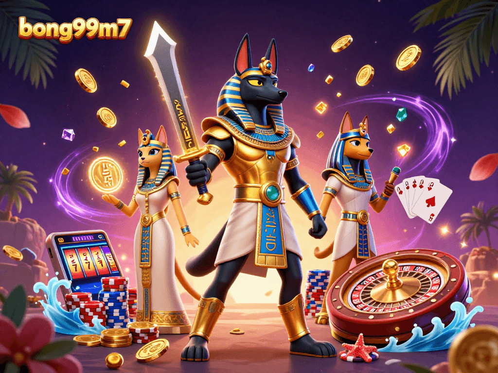 Join the excitement of bong99m7 with Anubis and Bastet in this vibrant casino scene.