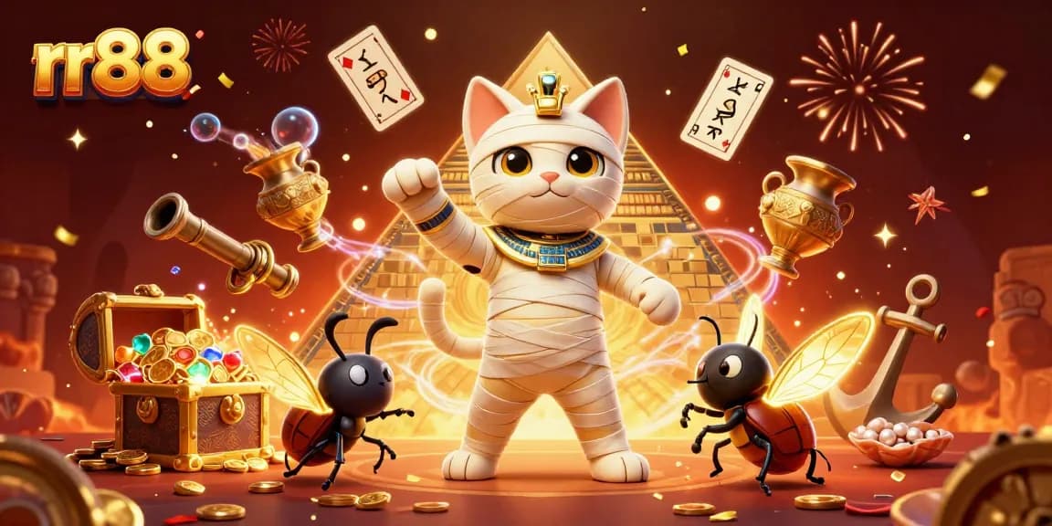Experience exciting gaming at rr88 with a mummy cat and golden treasures in a vibrant casino.