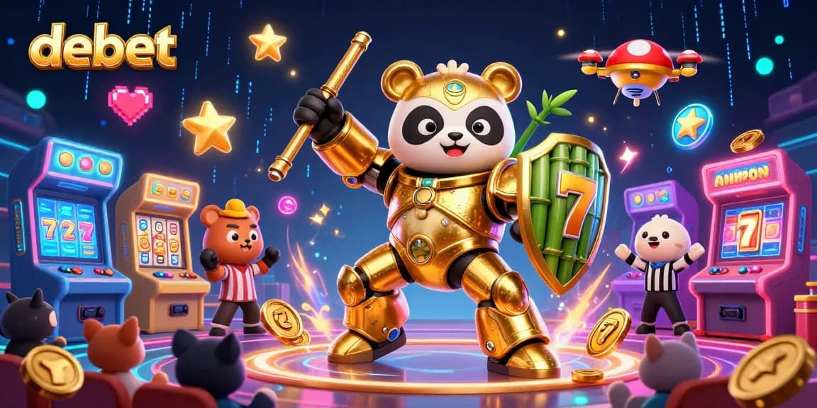 Engage with debet in a vibrant casino scene featuring a mech-suit panda and slot machines.