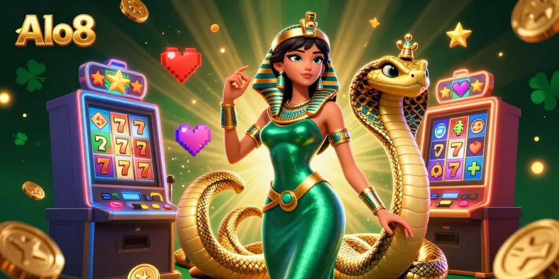 Play exciting slot games with Alo8's vibrant scene featuring rich colors and engaging game elements.