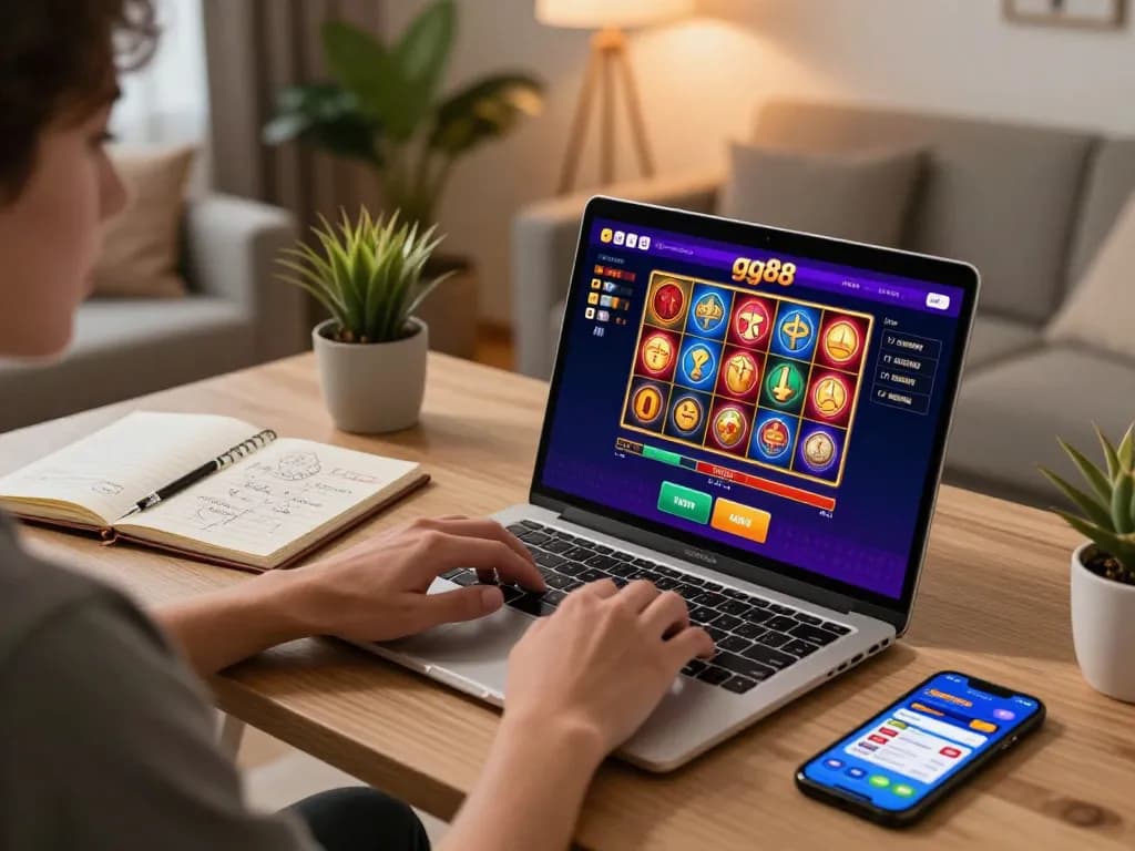 gg88 user engaged in online casino gaming with laptop showcasing colorful slots and strategies at home