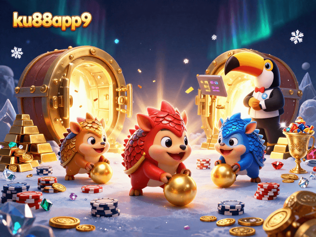 ku88app9 pangolins compete in a vibrant casino game scene, showcasing playful rivalry and excitement