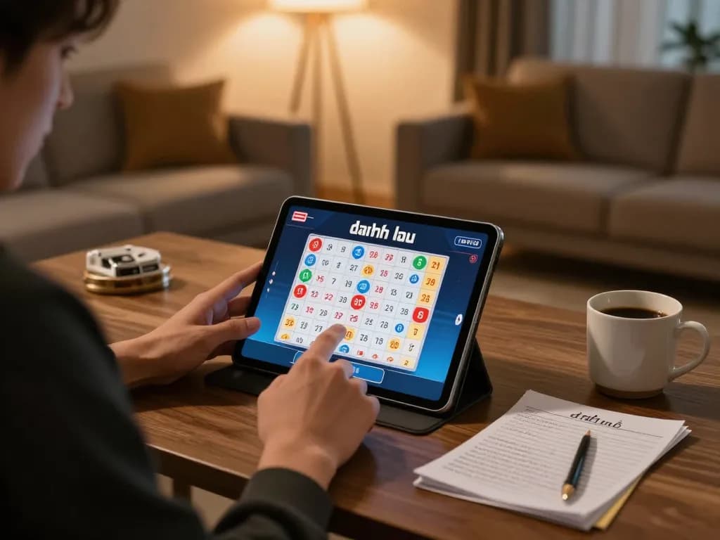 Engaging in đánh lô online with a tablet, showcasing strategic gameplay and a comfortable home setting