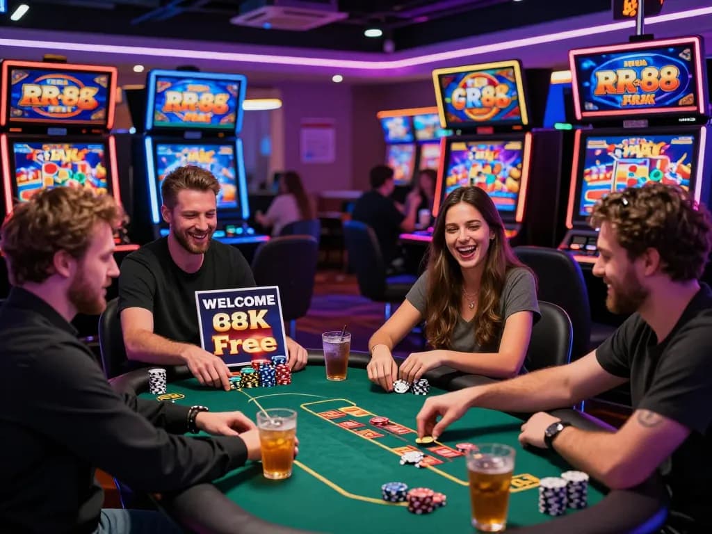 Engaging gaming atmosphere at RR 88 with colorful casino games and welcoming bonus sign.