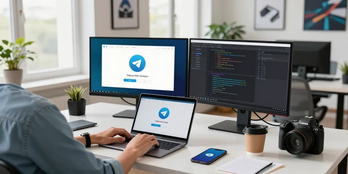 Person using the Telegram Web Version on dual monitors in a modern tech workspace, showcasing productivity and innovation.