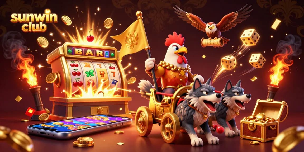 Experience thrilling moments at sunwin club with 3D vibrant elements like slot machines, dice, and a warrior chariot.
