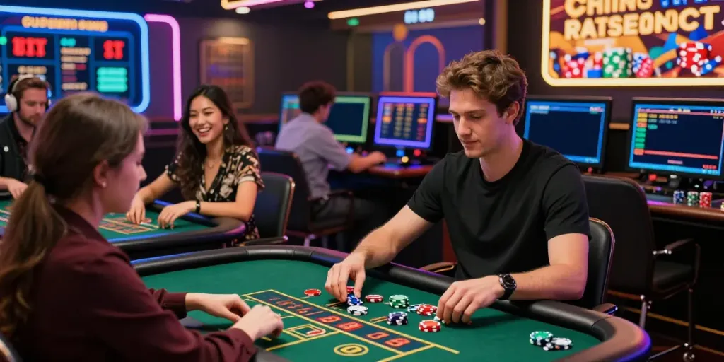 A lively online gambling scene at UK88 featuring players engaging in sports betting and live casino games.