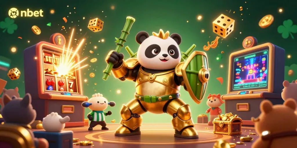 Experience nbet's vibrant 3D casino scene featuring a mech-suit panda amidst a jackpot explosion.