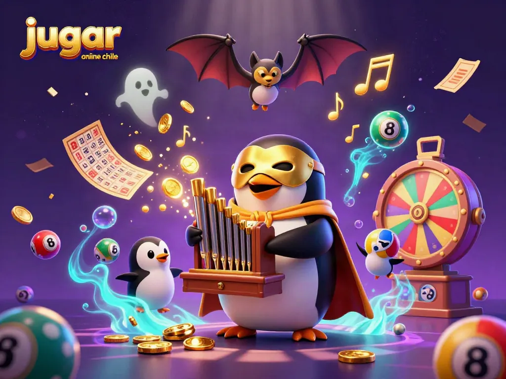 Jugar casino online en Chile con tragamonedas y lotería en una vibrante ilustración 3D.