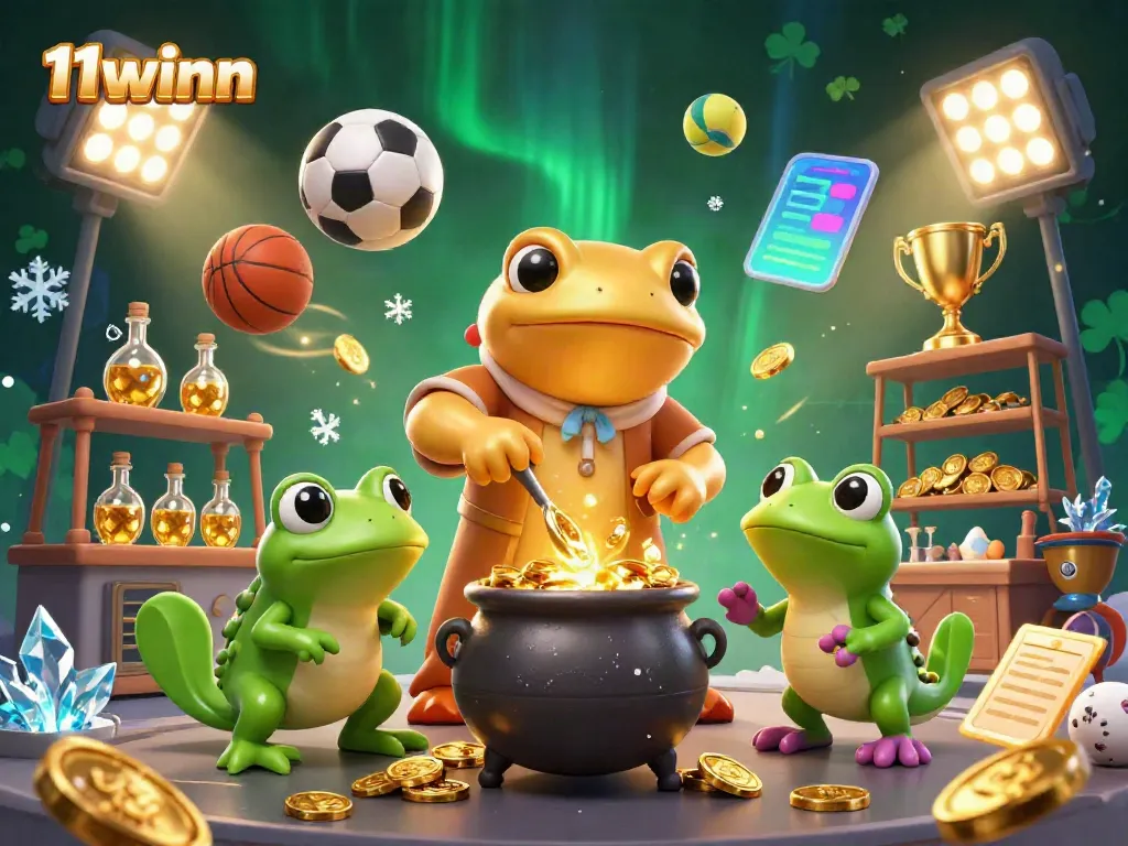 Experience 11winn's exciting alchemical transformation of sports betting with gold coins and trophies.
