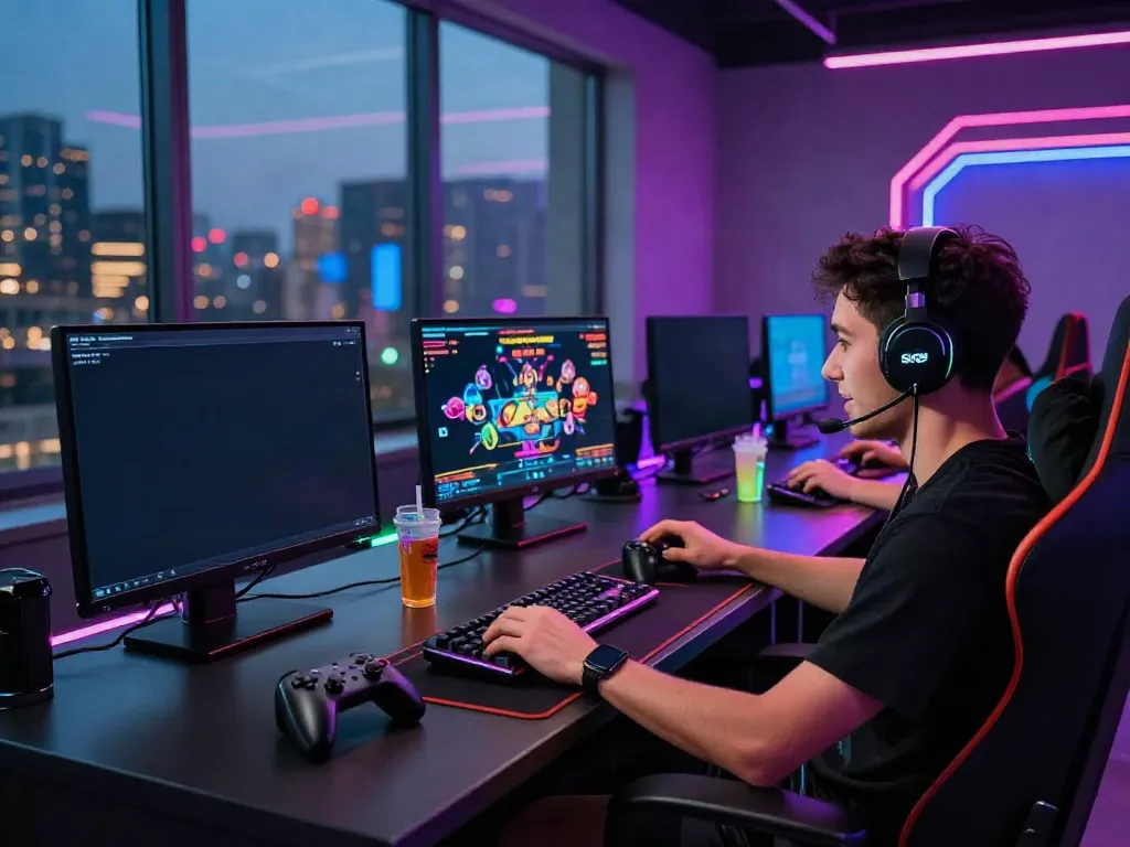 Engaged player enjoying the SKY88 online gaming platform featuring live dealer casino games, dynamic lighting, and modern gaming setup.