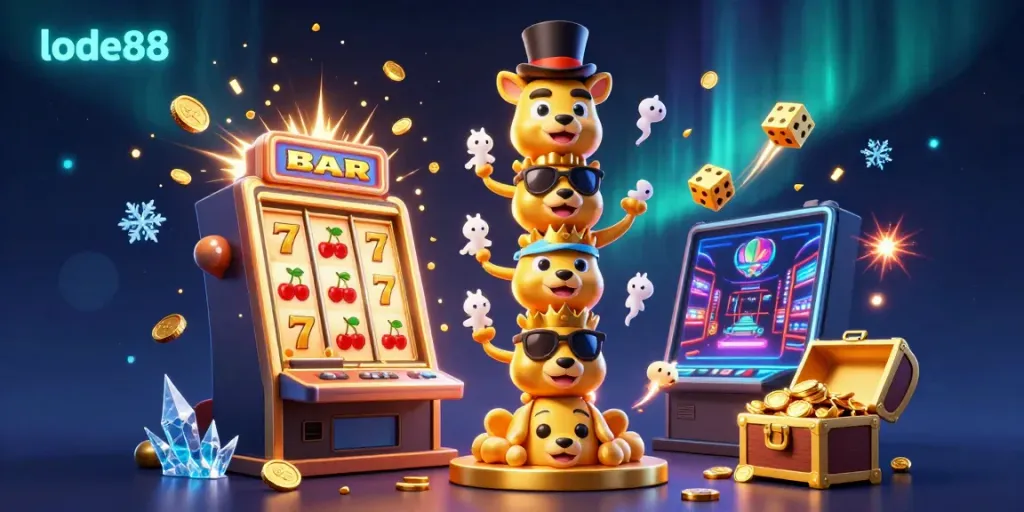 Engage with lode88's thrilling 3D carnival of gaming excitement youthfully illustrated with colorful characters and charming casino elements.