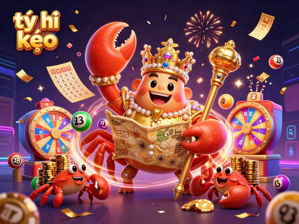 Experience the thrill of tỷ lệ kèo with vibrant lottery elements and a regal crab emperor in a dynamic scene.