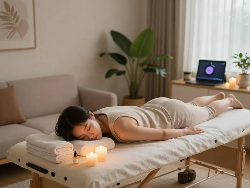 Enjoying a relaxing 용산출장안마 massage session in a serene home setting with ambient lighting and natural elements.