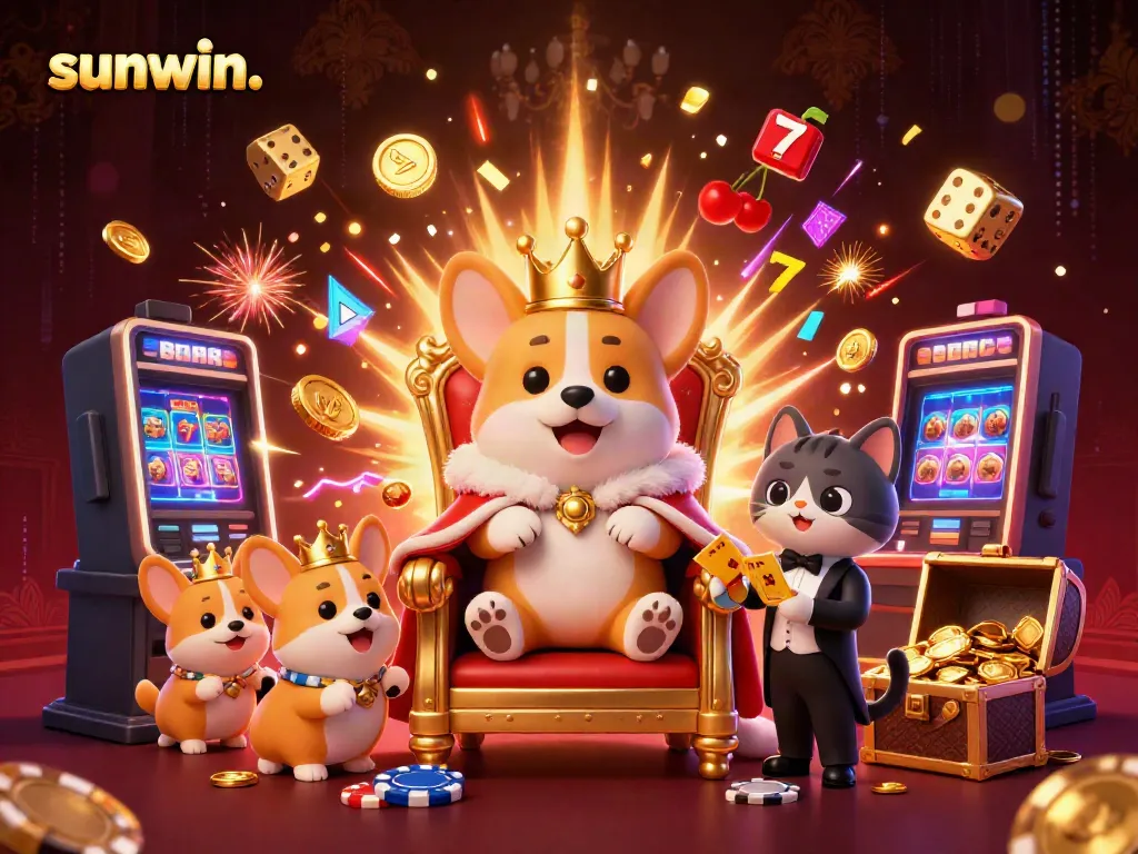 Experience the excitement of sunwin. with a royal corgi on a throne of poker chips amid dynamic casino elements.