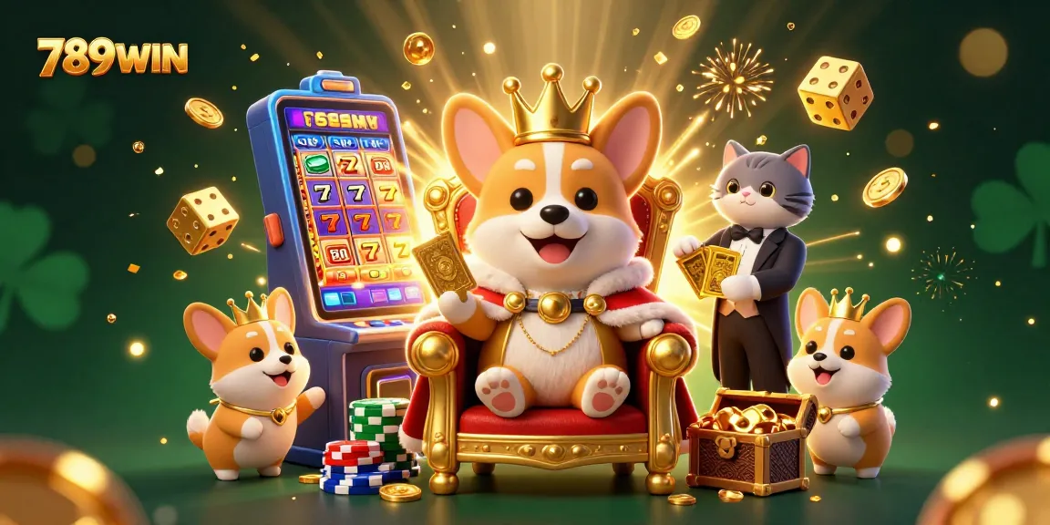 Engaging colorful scene illustrating 789WIN with a royal corgi and cat butler amidst casino excitement.