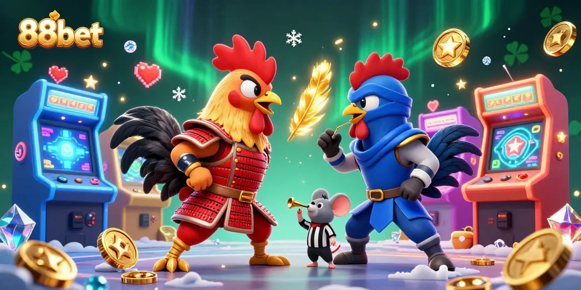 Experience a thrilling standoff with 88bet's cartoon roosters amidst a vibrant casino scene.