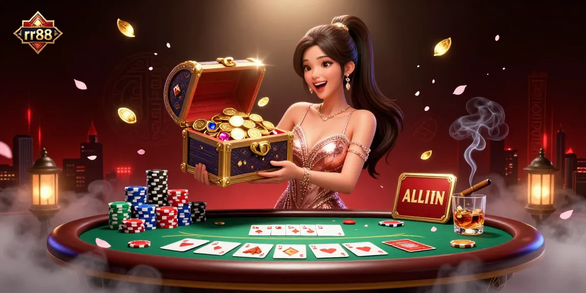 Experience thrilling moments at rr88 with a stunning casino scene featuring gold treasures and vibrant poker elements.