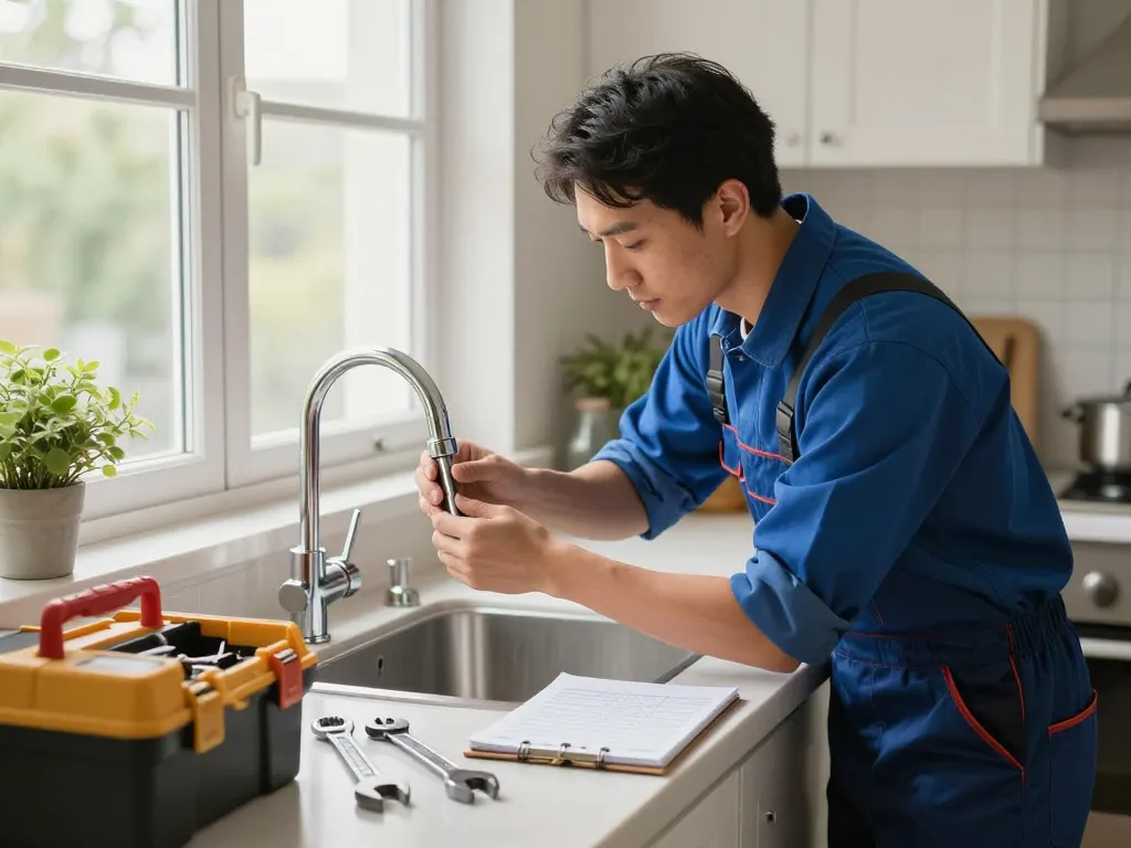 Experto en reparaciones a domicilio arreglando un grifo de cocina, mostrando profesionalismo y mejora del hogar.