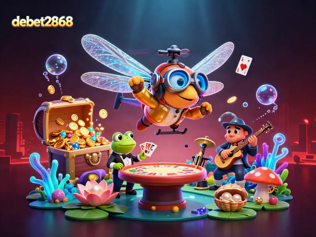 Engage with debet2868 for a thrilling illustration featuring a frog dealer, dragonfly pilot, and vibrant casino elements.