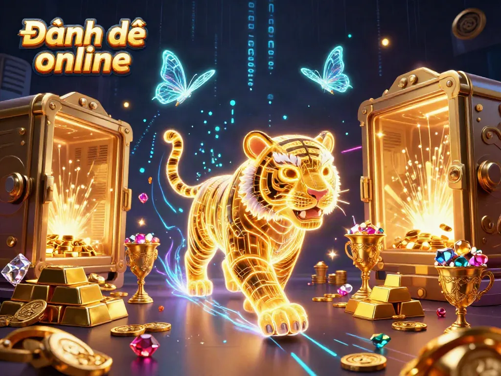 Engage in Đánh đề online with vibrant casino scenes featuring golden tiger and holographic elements.