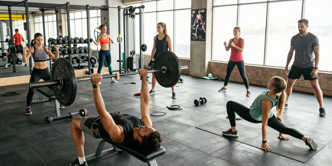 Entrenamiento en Esteroidesshop: gimnasio moderno con grupo realizando ejercicios intensos.