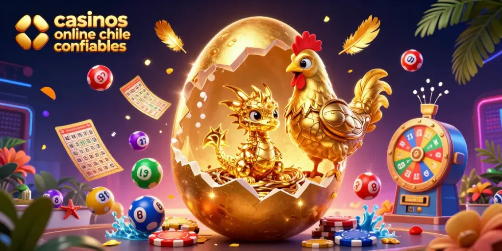 Casinos online en Chile confiables: juega en un mundo de premios con un dragón dorado y fichas de póker.