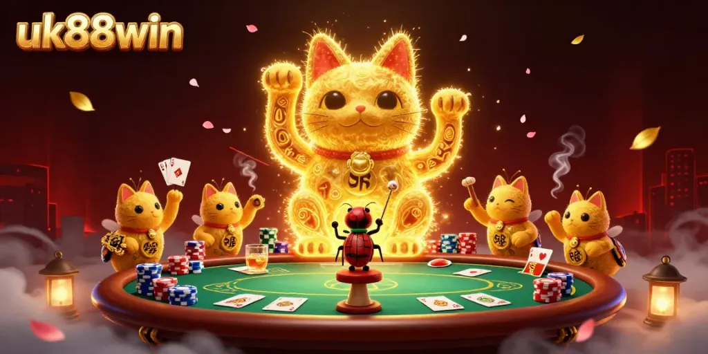 Play and win at uk88win, featuring a golden lucky cat, poker elements, and vibrant casino ambiance.