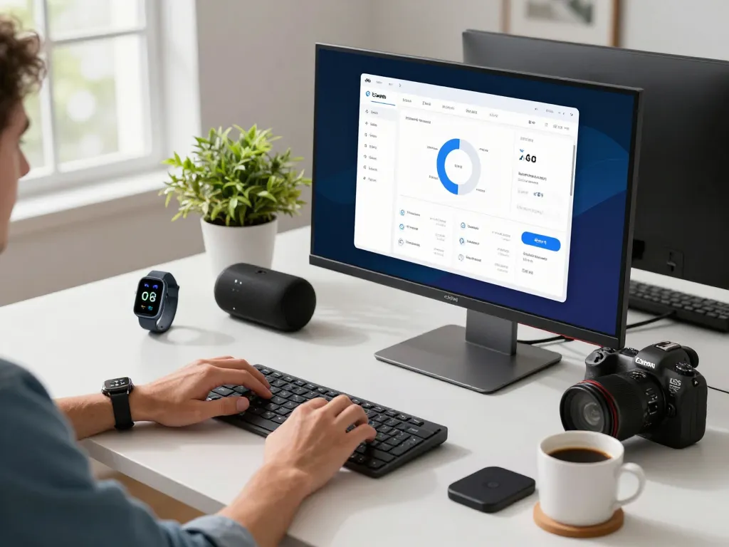 Engaged professional using smart tech gadgets in a modern workspace, showcasing a blend of productivity and innovation.