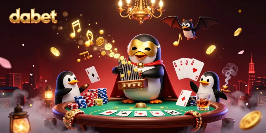 DABET features a penguin playing an organ, shooting coins, with vibrant casino elements around.