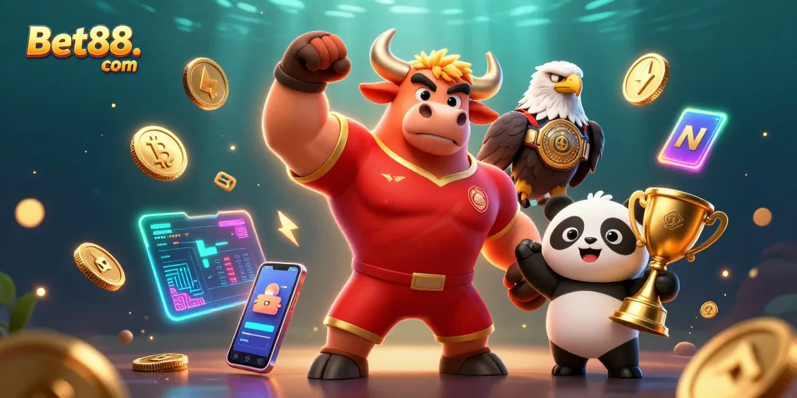 Bet88. com features an engaging scene with 3D characters celebrating winning strategies in a crypto casino setting.
