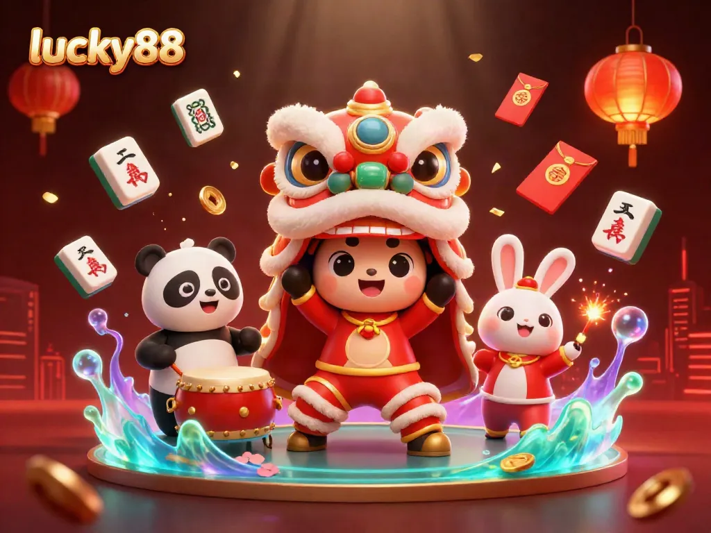 Engage with lucky88's vibrant gaming scene featuring a cartoon lion dance and festive decorations.