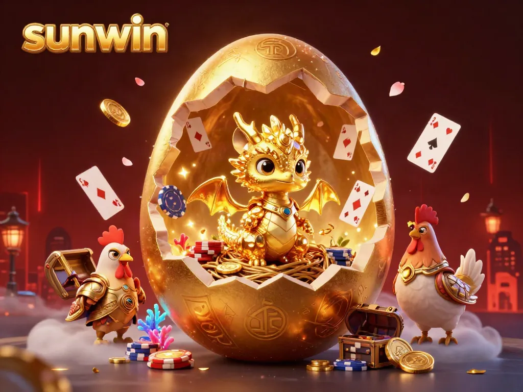 Experience exciting gameplay with sunwin, featuring a baby dragon and poker chips amidst vibrant casino elements.