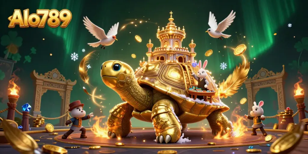 Experience the vibrant world of Alo789 with a golden tortoise casino and lively card game.
