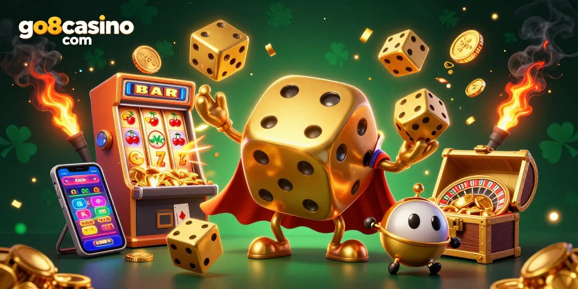 Engage with go8casino com's lively 3D casino scene featuring golden dice, bursting slot jackpots, and festive casino elements.