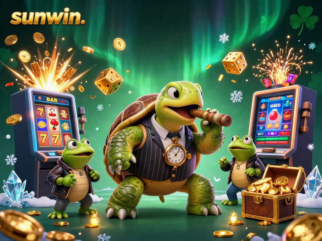 Experience the vibrant energy of sunwin. with this colorful scene featuring a cartoon turtle in a casino environment.