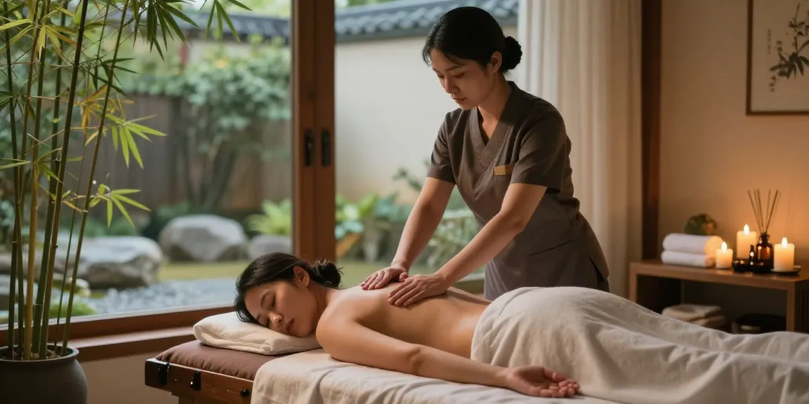 Therapist providing 안산출장마사지 in a tranquil spa setting with calming decor.