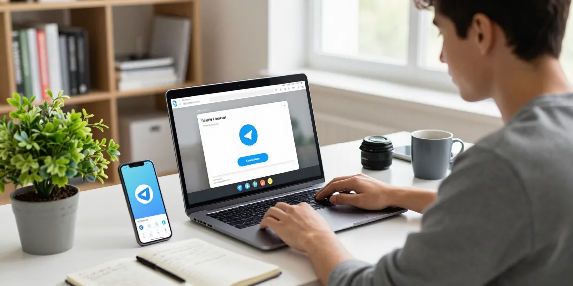 Experience Telegram网页版 in a modern workspace with a professional engaging in video calls and tech gadgets.