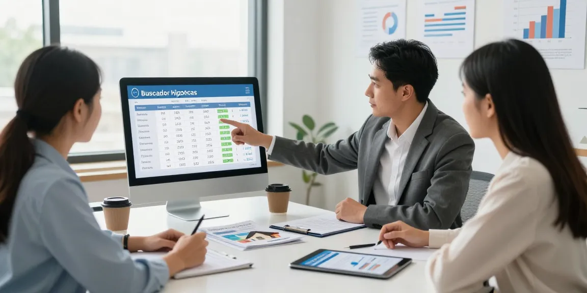 Young couple exploring buscador hipotecas with a financial advisor in a modern office.
