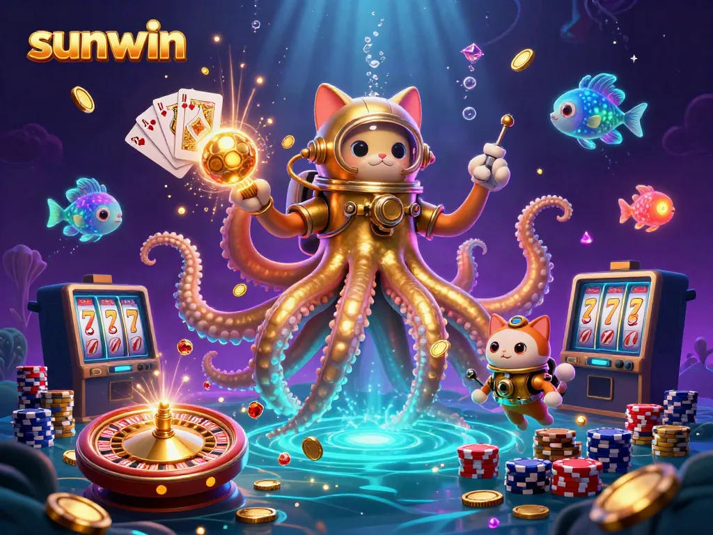 Experience thrilling adventures with sunwin, featuring a kraken and diving cat amidst sparkling casino treasures.
