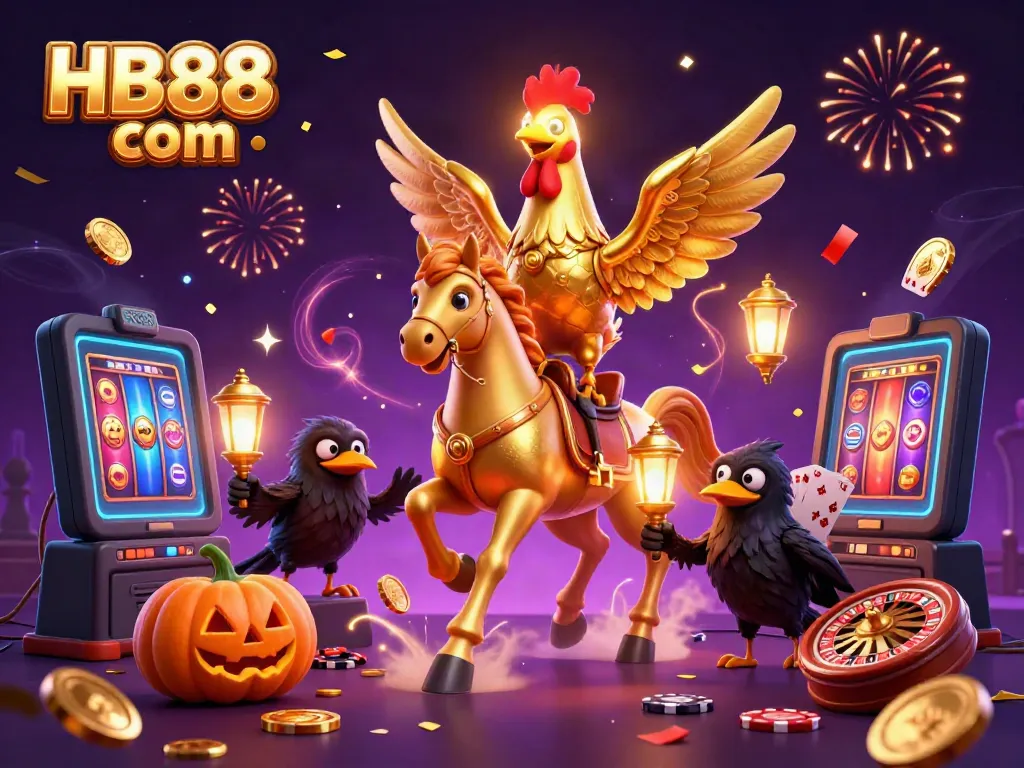 Engage with dynamic gaming at HB88 com featuring a golden rooster hero in a vibrant casino